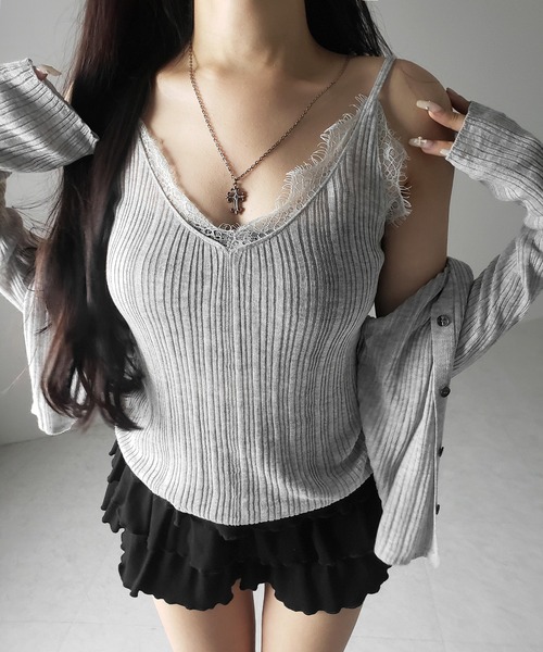 me+em select(ミームセレクト)の「※※【 2点セット 】レースニットキャミソール + シアーニットカーディガン SET / lace knit camisole + sheer knit cardigan SET(アンサンブル・レディース・ブラック/グレー/チャコール・FREE)」の10枚目の写真