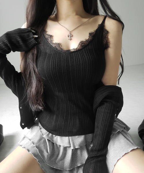 me+em select(ミームセレクト)の「※※【 2点セット 】レースニットキャミソール + シアーニットカーディガン SET / lace knit camisole + sheer knit cardigan SET(アンサンブル・レディース・ブラック/グレー/チャコール・FREE)」の19枚目の写真