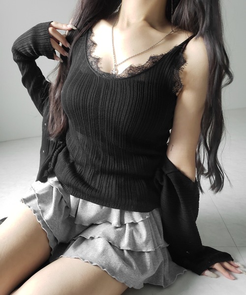 me+em select(ミームセレクト)の「※※【 2点セット 】レースニットキャミソール + シアーニットカーディガン SET / lace knit camisole + sheer knit cardigan SET(アンサンブル・レディース・ブラック/グレー/チャコール・FREE)」の20枚目の写真