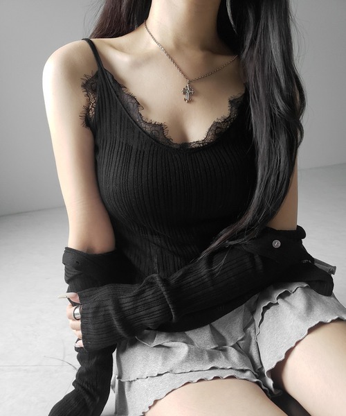 me+em select(ミームセレクト)の「※※【 2点セット 】レースニットキャミソール + シアーニットカーディガン SET / lace knit camisole + sheer knit cardigan SET(アンサンブル・レディース・ブラック/グレー/チャコール・FREE)」の21枚目の写真