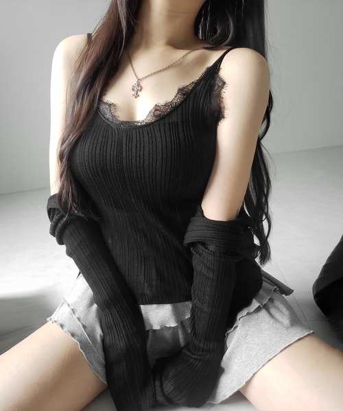 me+em select(ミームセレクト)の「※※【 2点セット 】レースニットキャミソール + シアーニットカーディガン SET / lace knit camisole + sheer knit cardigan SET(アンサンブル・レディース・ブラック/グレー/チャコール・FREE)」の22枚目の写真