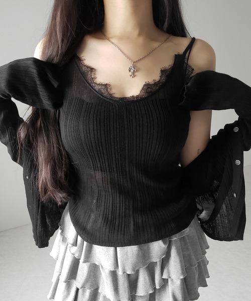 me+em select(ミームセレクト)の「※※【 2点セット 】レースニットキャミソール + シアーニットカーディガン SET / lace knit camisole + sheer knit cardigan SET(アンサンブル・レディース・ブラック/グレー/チャコール・FREE)」の18枚目の写真