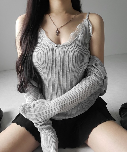 me+em select(ミームセレクト)の「※※【 2点セット 】レースニットキャミソール + シアーニットカーディガン SET / lace knit camisole + sheer knit cardigan SET(アンサンブル・レディース・ブラック/グレー/チャコール・FREE)」の5枚目の写真