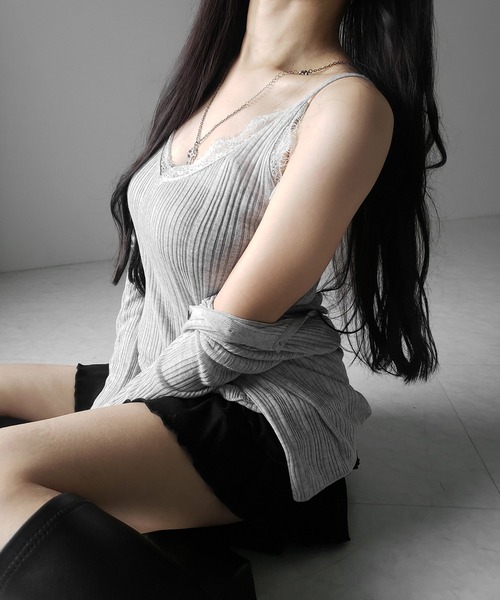 me+em select(ミームセレクト)の「※※【 2点セット 】レースニットキャミソール + シアーニットカーディガン SET / lace knit camisole + sheer knit cardigan SET(アンサンブル・レディース・ブラック/グレー/チャコール・FREE)」の7枚目の写真