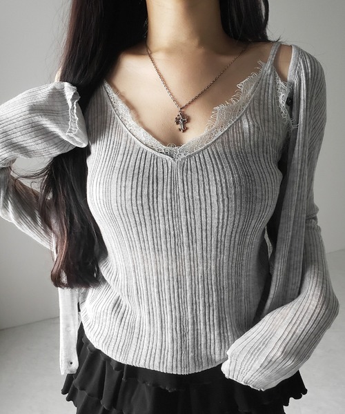 me+em select(ミームセレクト)の「※※【 2点セット 】レースニットキャミソール + シアーニットカーディガン SET / lace knit camisole + sheer knit cardigan SET(アンサンブル・レディース・ブラック/グレー/チャコール・FREE)」の8枚目の写真
