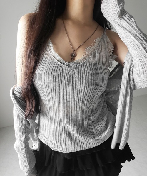 me+em select(ミームセレクト)の「※※【 2点セット 】レースニットキャミソール + シアーニットカーディガン SET / lace knit camisole + sheer knit cardigan SET(アンサンブル・レディース・ブラック/グレー/チャコール・FREE)」の9枚目の写真