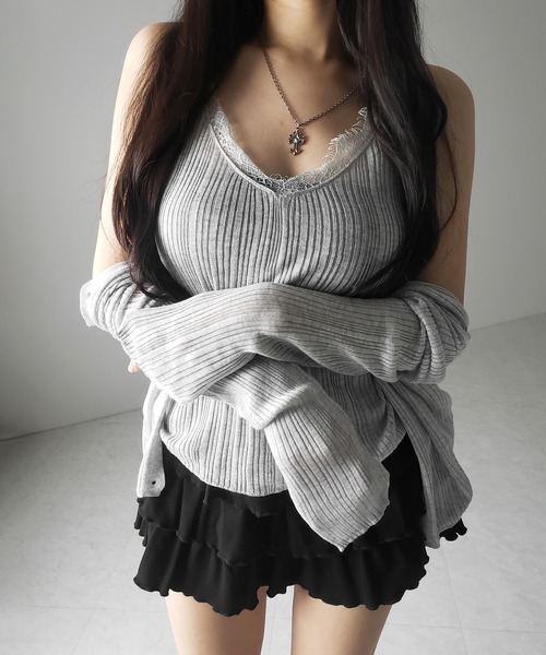 me+em select(ミームセレクト)の「※※【 2点セット 】レースニットキャミソール + シアーニットカーディガン SET / lace knit camisole + sheer knit cardigan SET(アンサンブル・レディース・ブラック/グレー/チャコール・FREE)」の12枚目の写真