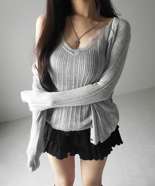 me+em select(ミームセレクト)の「※※【 2点セット 】レースニットキャミソール + シアーニットカーディガン SET / lace knit camisole + sheer knit cardigan SET(アンサンブル・レディース・ブラック/グレー/チャコール・FREE)」の13枚目の写真