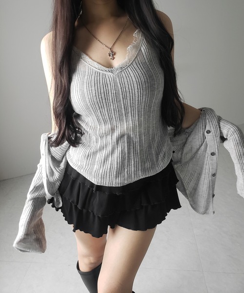 me+em select(ミームセレクト)の「※※【 2点セット 】レースニットキャミソール + シアーニットカーディガン SET / lace knit camisole + sheer knit cardigan SET(アンサンブル・レディース・ブラック/グレー/チャコール・FREE)」の14枚目の写真