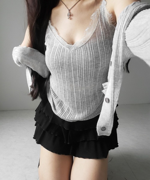 me+em select(ミームセレクト)の「※※【 2点セット 】レースニットキャミソール + シアーニットカーディガン SET / lace knit camisole + sheer knit cardigan SET(アンサンブル・レディース・ブラック/グレー/チャコール・FREE)」の15枚目の写真