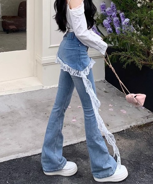 SPIGA（スピーガ）の「ﾚｰｽﾌﾘﾙﾚｲﾔｰﾄﾞ風ﾃﾞﾆﾑﾌﾚｱﾊﾟﾝﾂ（デニムパンツ・レディース・ブルー・SMALL/XX-LARGE/X-LARGE/LARGE/MEDIUM）」の5枚目の写真