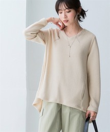 リブ見えカットソーVネックロング丈プルオーバー<大きいサイズ有>
