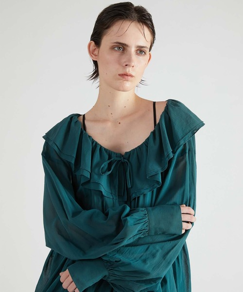 crinkle crinkle crinkle（クリンクルクリンクルクリンクル）の「【crinkle crinkle crinkle】frill balloon blouse/フリルバルーンブラウス（シャツ/ブラウス・レディース・ブラック/グリーン・FREE）」の2枚目の写真