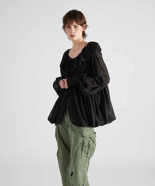 crinkle crinkle crinkle（クリンクルクリンクルクリンクル）の「【crinkle crinkle crinkle】frill balloon blouse/フリルバルーンブラウス（シャツ/ブラウス・レディース・ブラック/グリーン・FREE）」の5枚目の写真