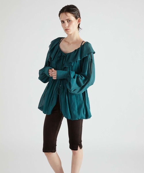 crinkle crinkle crinkle（クリンクルクリンクルクリンクル）の「【crinkle crinkle crinkle】frill balloon blouse/フリルバルーンブラウス（シャツ/ブラウス・レディース・ブラック/グリーン・FREE）」の14枚目の写真