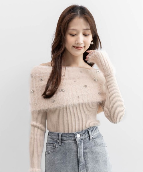 セール】ビジューシャギーオフショルダーニット（ニット/セーター