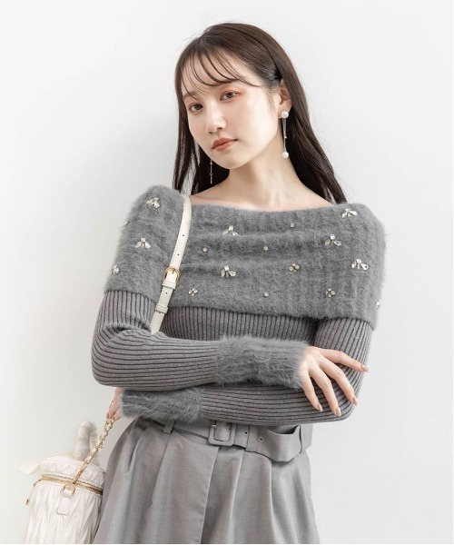 RANDA(ランダ)の「ビジューシャギーオフショルダーニット(ニット/セーター・レディース・ホワイト/ピンク/ブルー/グレー・FREE)」の22枚目の写真