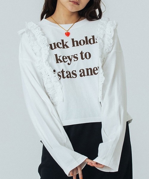 ROSE BUD(ローズバッド)の「LACE ACCENT L/S TOP(Tシャツ/カットソー・レディース・チャコールグレー/ホワイト/ライトグレー・ONE SIZE)」の1枚目の写真