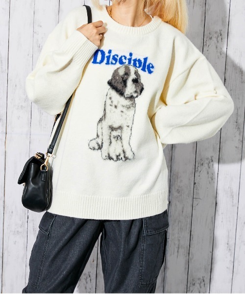 セール】《ドッグプリント×ロゴ》レディース ニットプルオーバー