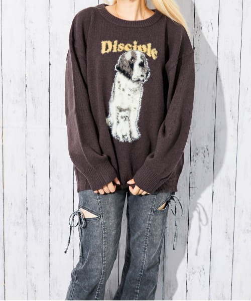 セール】《ドッグプリント×ロゴ》レディース ニットプルオーバー