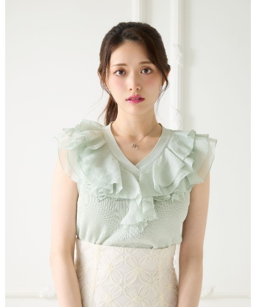 LANTINAM（ランティナム）の「Organdy Frill Knit（ニット/セーター・レディース・ホワイト/ミント・FREE）」の2枚目の写真