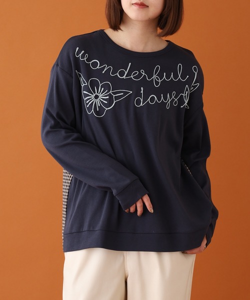 Emago(イマゴ)の「EMAGO ロゴ刺繍切替えプルオーバー 長袖(Tシャツ/カットソー・レディース・モカ/ネイビー/グレー・FREE)」の1枚目の写真