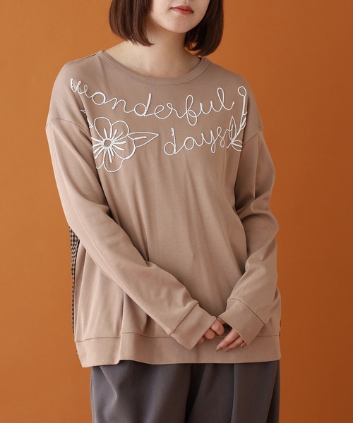 Emago(イマゴ)の「EMAGO ロゴ刺繍切替えプルオーバー 長袖(Tシャツ/カットソー・レディース・モカ/ネイビー/グレー・FREE)」の3枚目の写真