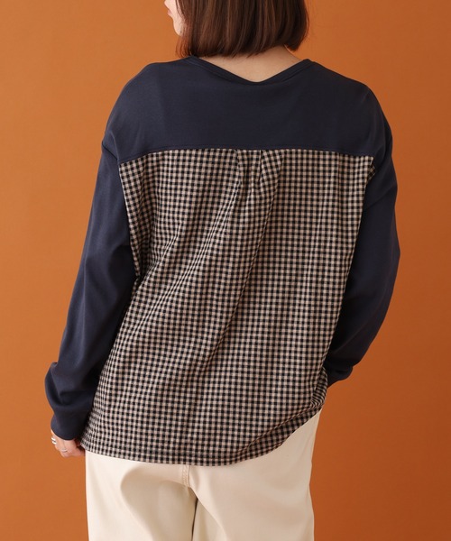 Emago(イマゴ)の「EMAGO ロゴ刺繍切替えプルオーバー 長袖(Tシャツ/カットソー・レディース・モカ/ネイビー/グレー・FREE)」の11枚目の写真
