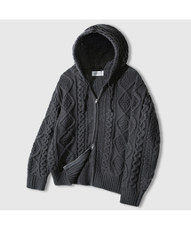 LEMAIN SECOND（リメインセカンド）の「2WAY_アランウォッシャブルオーバーサイズケーブルフードジップアップニット[チャコール]（パーカー・メンズ）」