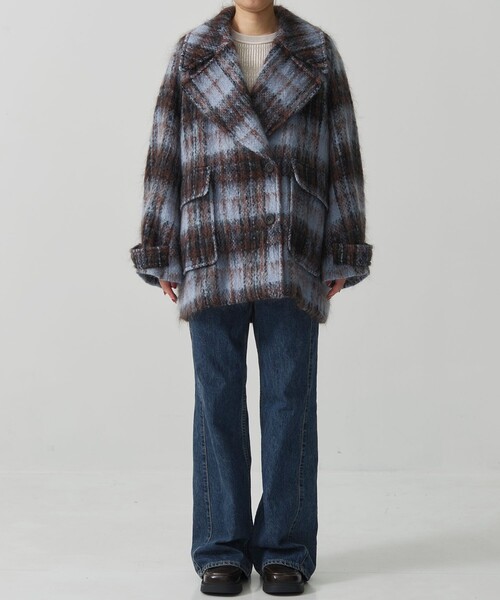 残りわずか】ワイドラペルチェックコート（ステンカラーコート