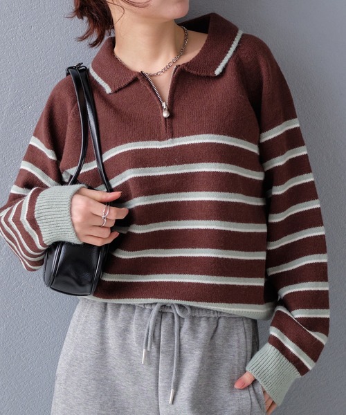 STYLEBLOCK(スタイルブロック)の「襟付きハーフジップボーダー柄ニットトップス(ニット/セーター・レディース・ブラウン/アイボリー/グレー・FREE)」の3枚目の写真