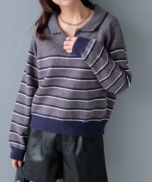 STYLEBLOCK(スタイルブロック)の「襟付きハーフジップボーダー柄ニットトップス(ニット/セーター・レディース・ブラウン/アイボリー/グレー・FREE)」の2枚目の写真
