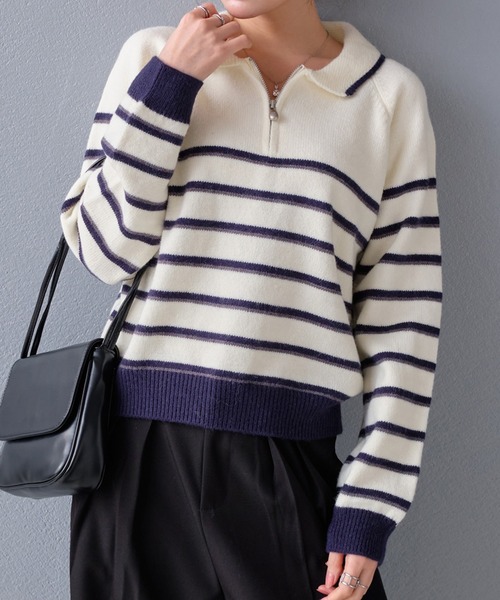 STYLEBLOCK(スタイルブロック)の「襟付きハーフジップボーダー柄ニットトップス(ニット/セーター・レディース・ブラウン/アイボリー/グレー・FREE)」の1枚目の写真