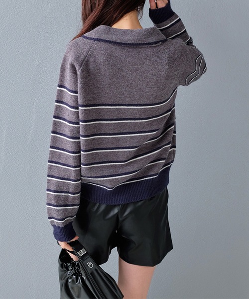 STYLEBLOCK(スタイルブロック)の「襟付きハーフジップボーダー柄ニットトップス(ニット/セーター・レディース・ブラウン/アイボリー/グレー・FREE)」の7枚目の写真