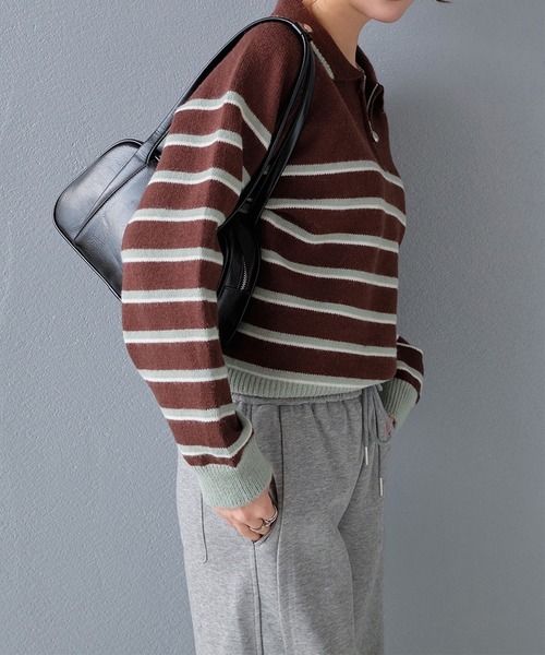 STYLEBLOCK(スタイルブロック)の「襟付きハーフジップボーダー柄ニットトップス(ニット/セーター・レディース・ブラウン/アイボリー/グレー・FREE)」の8枚目の写真