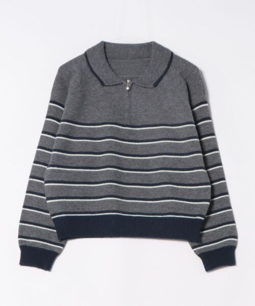 STYLEBLOCK(スタイルブロック)の「襟付きハーフジップボーダー柄ニットトップス(ニット/セーター・レディース・ブラウン/アイボリー/グレー・FREE)」の10枚目の写真