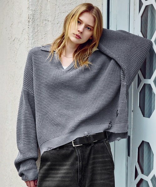 ROCHEM（ローシェン）の「ダメージデザインショートワッフルスキッパーポロ（ニット/セーター・メンズ・ブラック/オフホワイト/グレー・XS/S/M/L）」の3枚目の写真