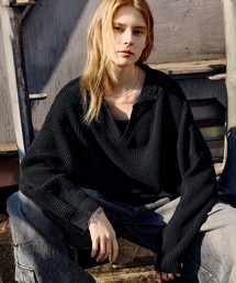 ROCHEM | ダメージデザインショートワッフルスキッパーポロ(ニット/セーター)