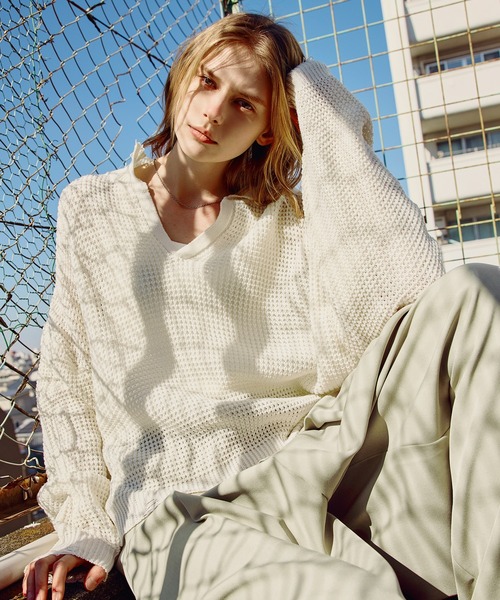 ROCHEM（ローシェン）の「ダメージデザインショートワッフルスキッパーポロ（ニット/セーター・メンズ・ブラック/オフホワイト/グレー・XS/S/M/L）」の14枚目の写真