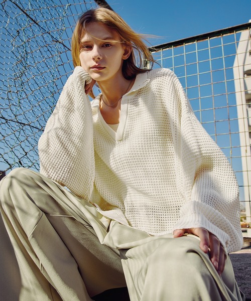 ROCHEM（ローシェン）の「ダメージデザインショートワッフルスキッパーポロ（ニット/セーター・メンズ・ブラック/オフホワイト/グレー・XS/S/M/L）」の15枚目の写真