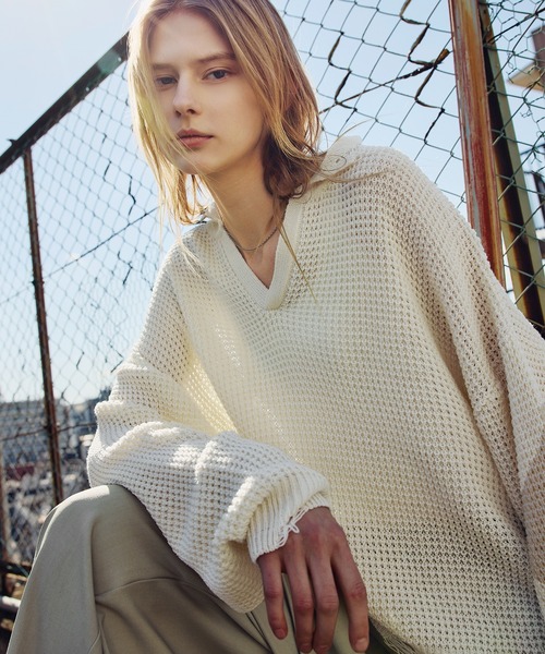 ROCHEM（ローシェン）の「ダメージデザインショートワッフルスキッパーポロ（ニット/セーター・メンズ・ブラック/オフホワイト/グレー・XS/S/M/L）」の16枚目の写真