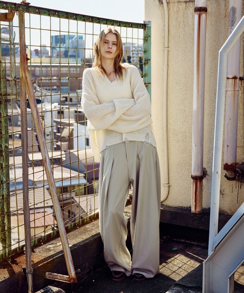 ROCHEM（ローシェン）の「ダメージデザインショートワッフルスキッパーポロ（ニット/セーター・メンズ・ブラック/オフホワイト/グレー・XS/S/M/L）」の20枚目の写真