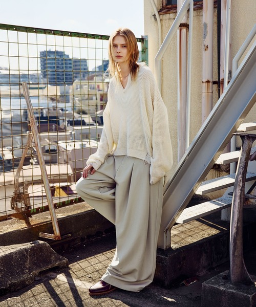 ROCHEM（ローシェン）の「ダメージデザインショートワッフルスキッパーポロ（ニット/セーター・メンズ・ブラック/オフホワイト/グレー・XS/S/M/L）」の22枚目の写真