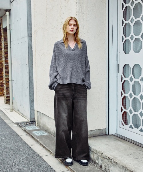 ROCHEM（ローシェン）の「ダメージデザインショートワッフルスキッパーポロ（ニット/セーター・メンズ・ブラック/オフホワイト/グレー・XS/S/M/L）」の4枚目の写真