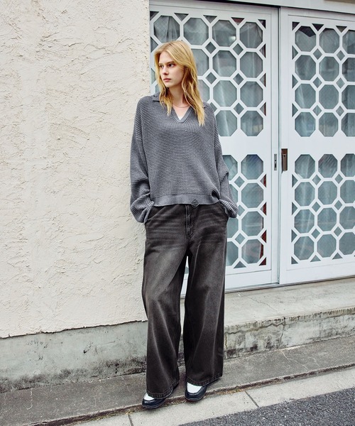 ROCHEM（ローシェン）の「ダメージデザインショートワッフルスキッパーポロ（ニット/セーター・メンズ・ブラック/オフホワイト/グレー・XS/S/M/L）」の5枚目の写真