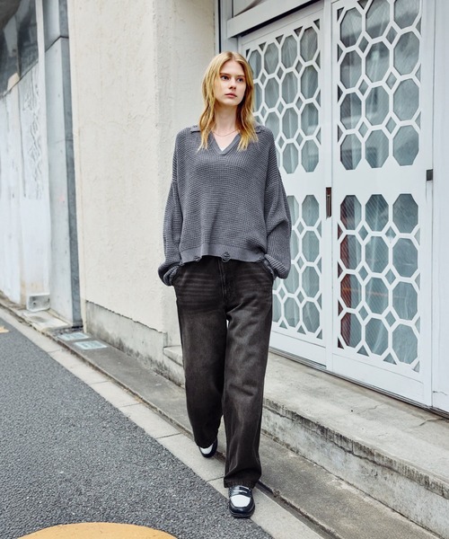 ROCHEM（ローシェン）の「ダメージデザインショートワッフルスキッパーポロ（ニット/セーター・メンズ・ブラック/オフホワイト/グレー・XS/S/M/L）」の6枚目の写真