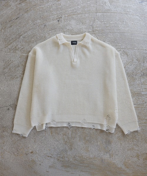ROCHEM（ローシェン）の「ダメージデザインショートワッフルスキッパーポロ（ニット/セーター・メンズ・ブラック/オフホワイト/グレー・XS/S/M/L）」の7枚目の写真