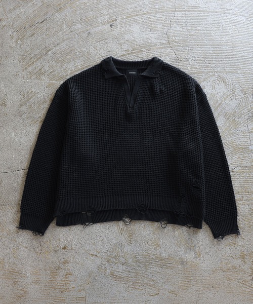 ROCHEM（ローシェン）の「ダメージデザインショートワッフルスキッパーポロ（ニット/セーター・メンズ・ブラック/オフホワイト/グレー・XS/S/M/L）」の8枚目の写真