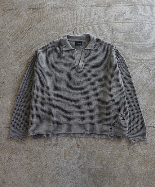 ROCHEM（ローシェン）の「ダメージデザインショートワッフルスキッパーポロ（ニット/セーター・メンズ・ブラック/オフホワイト/グレー・XS/S/M/L）」の9枚目の写真