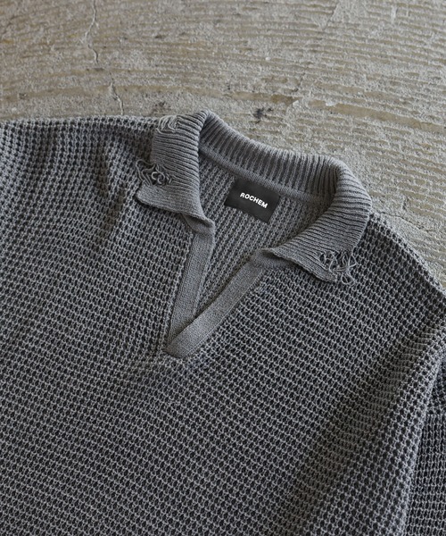 ROCHEM（ローシェン）の「ダメージデザインショートワッフルスキッパーポロ（ニット/セーター・メンズ・ブラック/オフホワイト/グレー・XS/S/M/L）」の10枚目の写真